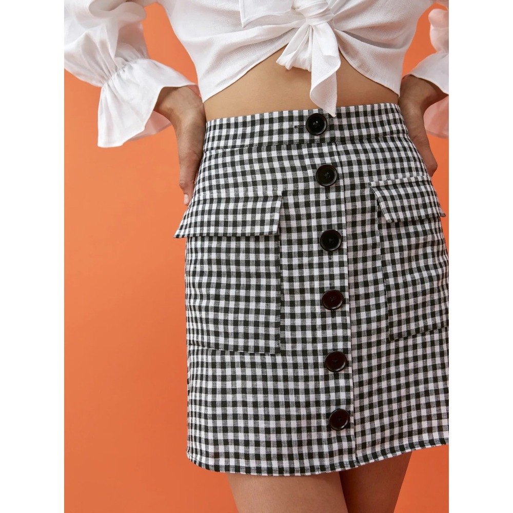 Reformation Maeve Gingham Linen Mini Skirt Black White Button Front Size 8